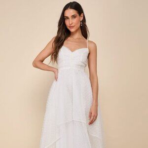Lulus Favorite Event Ivory Swiss Dot Pleated Tiered Midi Dress